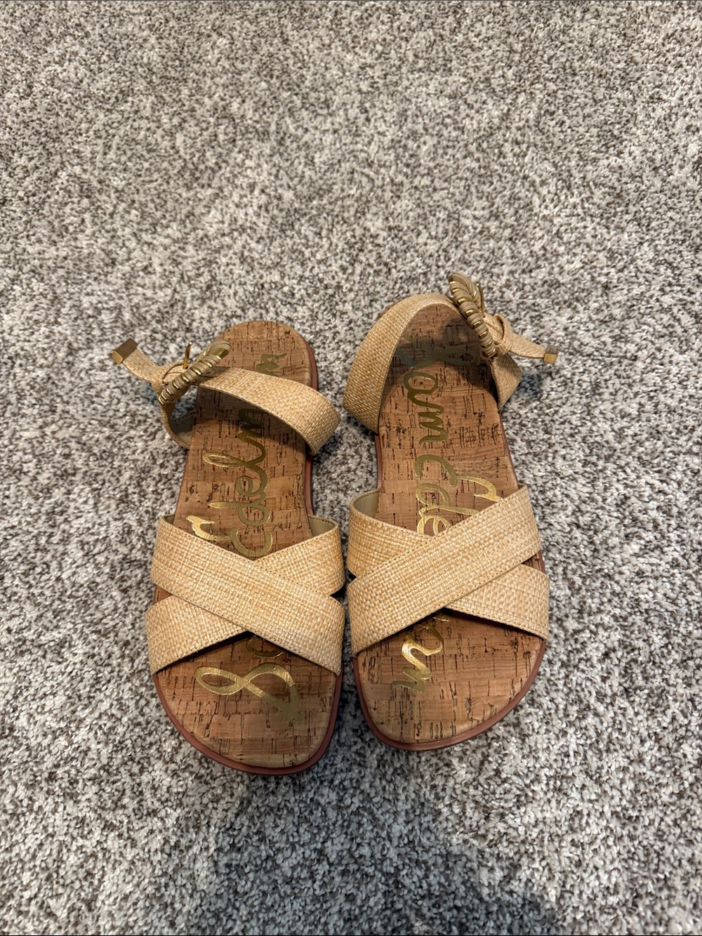 Sam Edelman Tan Woven Cross-Strap Sandals with Gold Accent